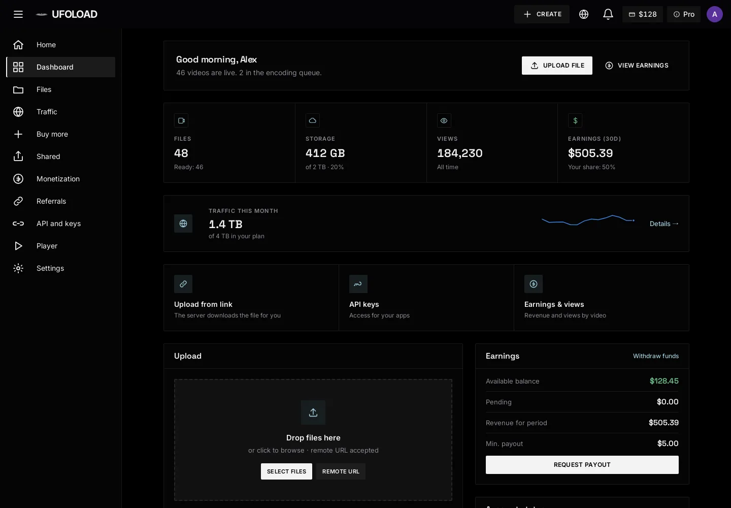 UFOLOAD-instrumentpanel med filer, lagring, trafik och intäkter