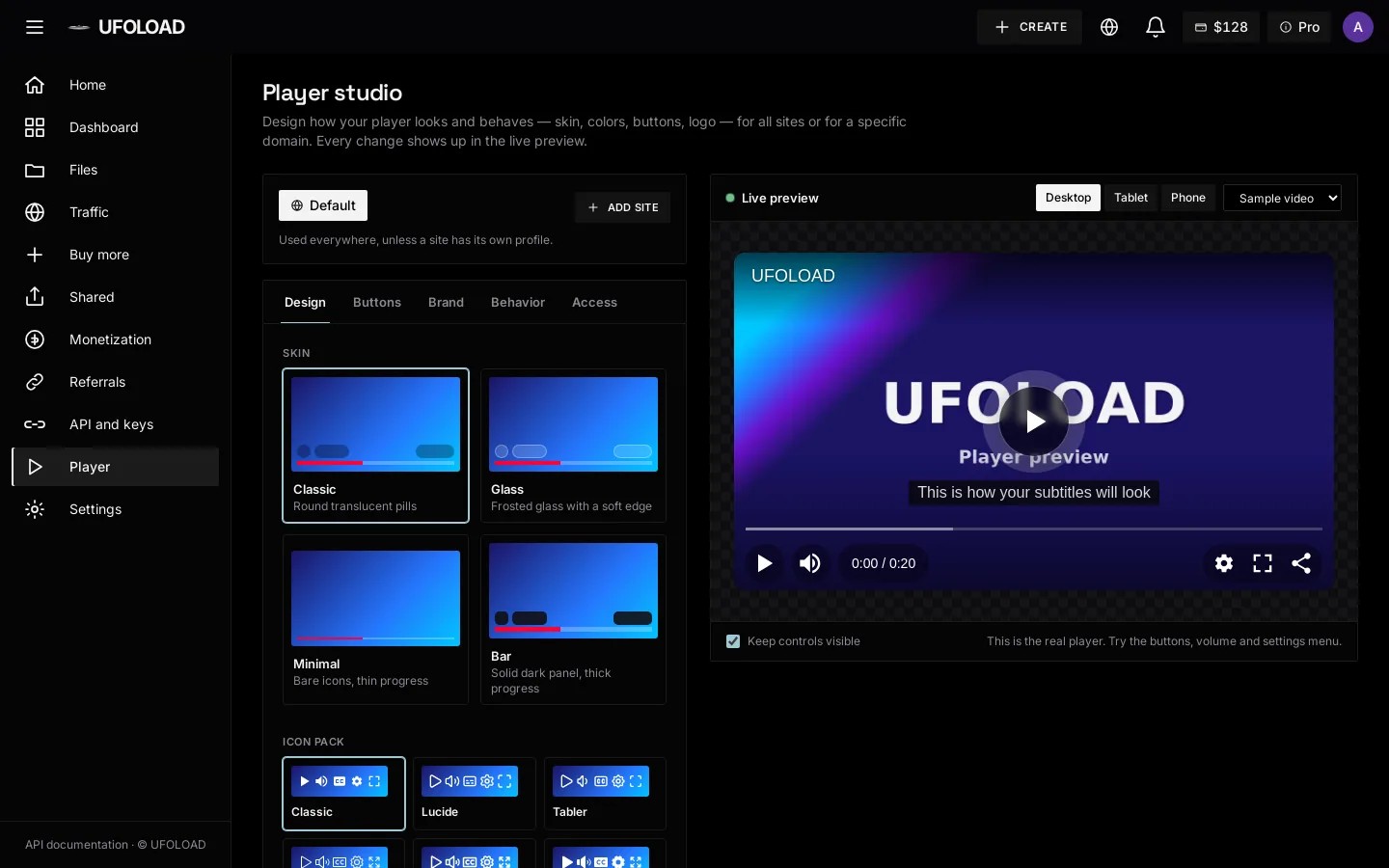Spelarstudio med live-förhandsvisning av spelaren